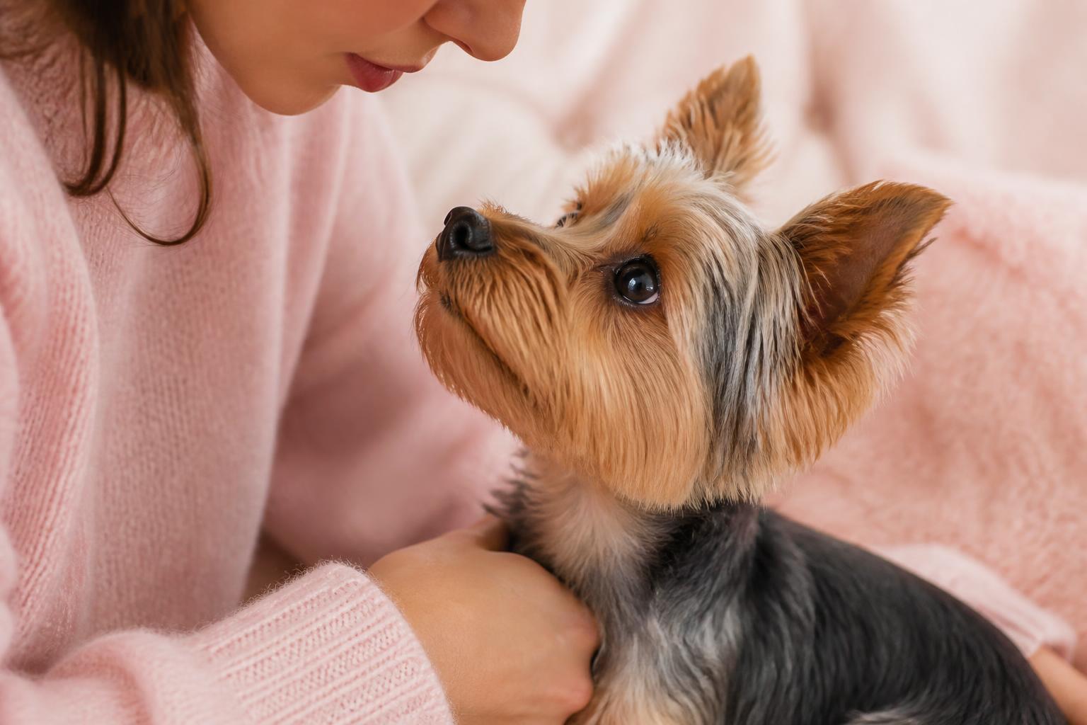 Yorkshire Terrier mirando a su dueña con ternura